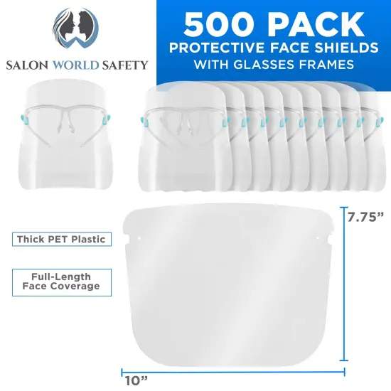 500 Safety Face Shields with Glasses Frames (20 Packs of 25) - Ultra Clear Protective Full Face Shields, Protect Eyes Nose Mouth, Anti-Fog PET Plastic {2}