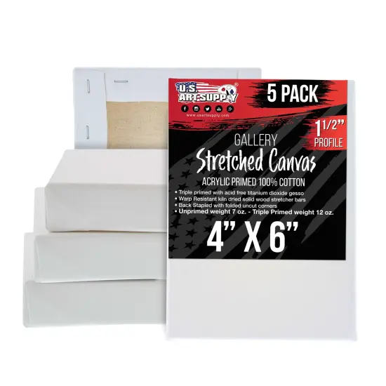 5-Pack Bulk Stretched Canvas for Painting 4 x 6 inch Gallery Depth 1-1/2" Profile - Professional Artist Quality, 100% Cotton 12-Ounce Gesso Triple Primed for Acrylic Pouring, Oil {1}