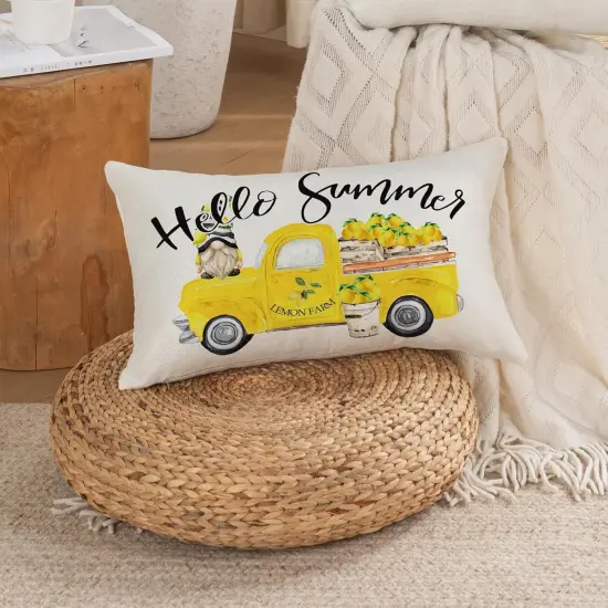 Hello Summer Throw Pillow Cover 12x20 Inch Yellow Truck Lemon Gnome Decorative Pillowcase Farmhouse Seasonal Lumbar Cushion Case for Sofa Couch Porch Home Decor {3}