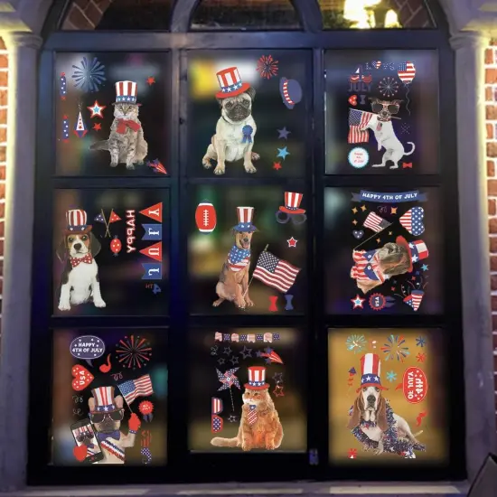 Patriotic PVC Dogs Window Clings, 9 Sheets Reusable 4th of July Decorations for Indoor Use, Wall Decor, Party Supplies {4}