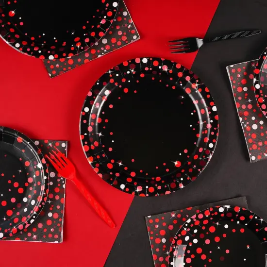 96Pcs Black and Red Party Supplies Red Dot on Black Party Plates and Napkins Disposable 350GSM Black and Red Birthday Tableware Set for Graduation Birthday Baby Shower Wedding Decorations, Serves 24 {5}