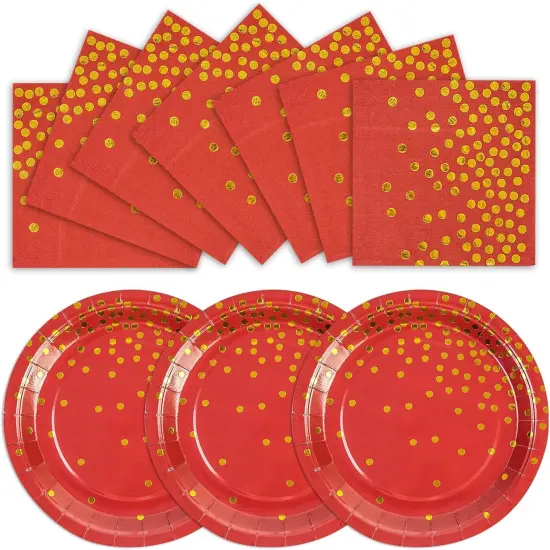 50PCS Red and Gold Birthday Plates and Napkins Party Supplies,25 x 7 Red Gold Foil Decorations Dessert Plates and 25 x 6.5 Napkins for Birthdays New Year Weddings Graduations {1}