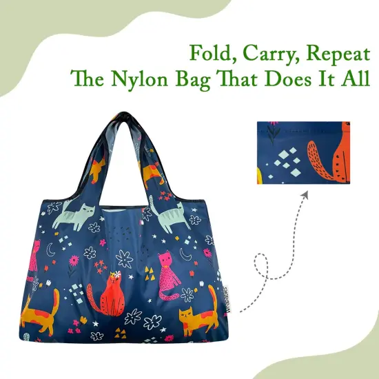 Wrapables Large & Small Foldable Tote Nylon Reusable Grocery Bags, Set of 2, Cute Kitties on Blue {4}