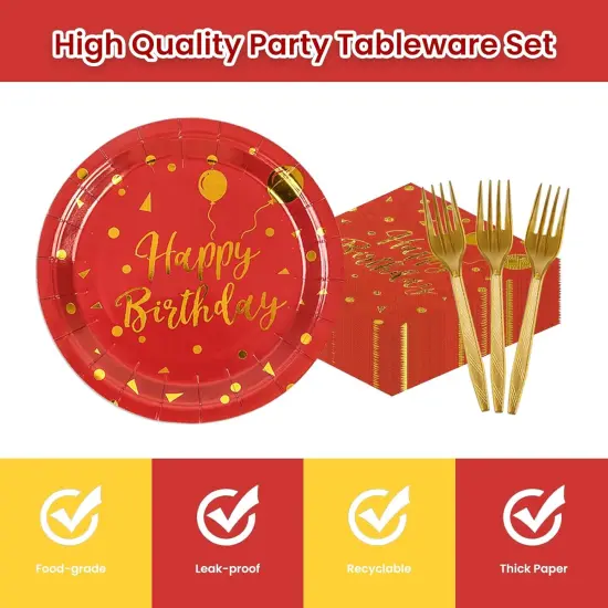 75Pcs Happy Birthday Red Glod Paper Plates and Napkins Party Supplies Set,Red Disposable Plates Party Supplies Includes Paper Napkins Forks Decorations {2}