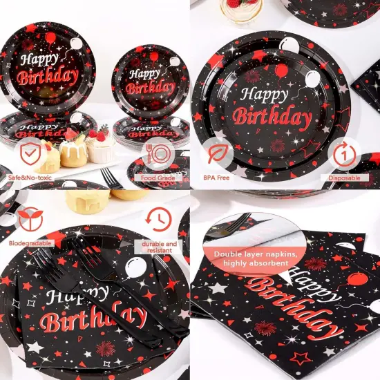 Red and Black Birthday Party Supplies, Happy Birthday Plates and Napkins Set With Birthday Tablecloth, Red and Black Birthday Decorations Serve 25 Guests {4}