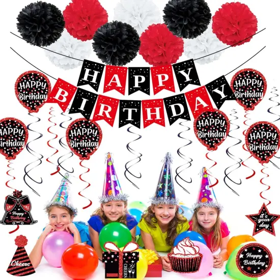 Birthday Decorations Red Black, Happy Birthday Party Decorations for Men Women Boys Girls (48pack), Happy Birthday Banner Gifts, Double-Sided Pattern Card, 9 Pompoms, Hanging Swirl Bday Decor Supplies {3}