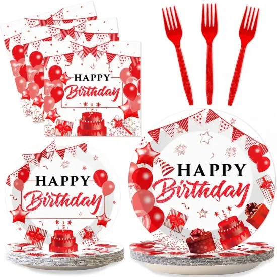 96pcs Red White and Gold Birthday Plates Napkins Forks Party Tableware Set Confetti Sprinkles Happy Birthday Party Decorations Red Table Decors for Men Women for 24 Guests {1}