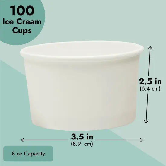 100 Pack Disposable Paper Ice Cream Cups, Dessert Bowls for Sundae Bar, Frozen Yogurt (White, 8 oz) {4}