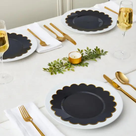 50 Pack Black Plastic Plates, 9 Inch Disposable for Party Supplies, Wedding, Gold Foil Scalloped Edges {2}