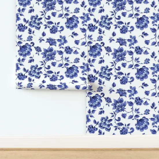 Pre-Pasted Wallpaper 2FT Wide Simple Blue Flower Traditional Vintage Flowers And White Chintz Custom Pre-pasted Wallpaper by Spoonflower {2}