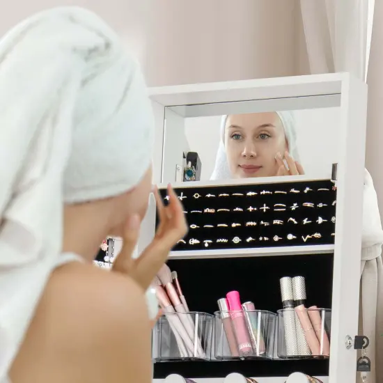 Costway LED Mirror Jewelry Cabinet with 20 LED Lights Full-Length Mirror Adjustable Angles White/Brown/Black {12}