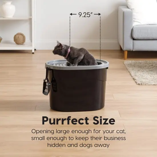 IRIS USA Oval Top Entry Cat Litter Box with Litter Catching Lid, Privacy Walls and Scoop Black/Gray {2}