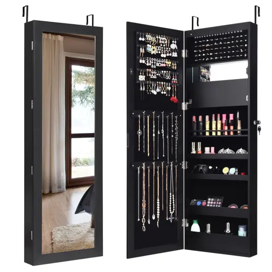 Costway Wall Door Mounted Mirror Jewelry Cabinet Organizer LED Lights {1}