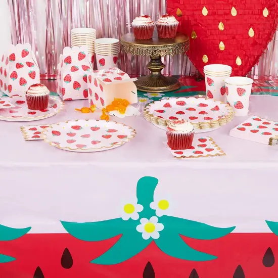 Pink Plastic Tablecloth for Strawberry Party Decorations (54 x 108 in, 3 Pack) Red {5}