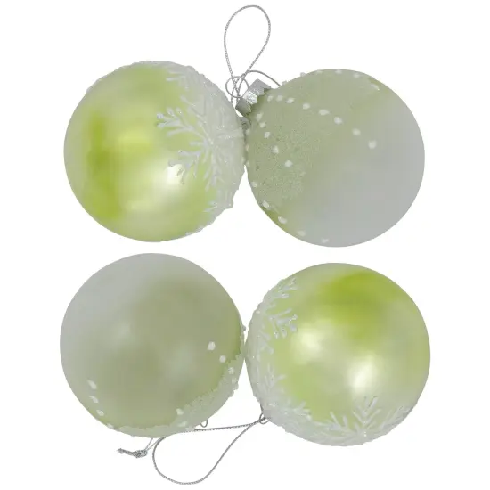 Northlight Snowflakes Shiny Glass Ball Christmas Ornaments - 3" (80mm) - Green and White- 4ct {4}
