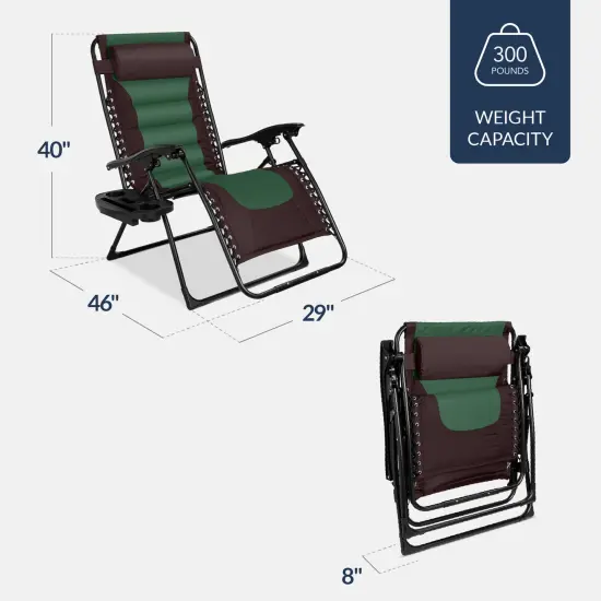 Best Choice Products Oversized Padded Zero Gravity Chair, Folding Outdoor Patio Recliner w/ Side Tray Espresso/Green {2}