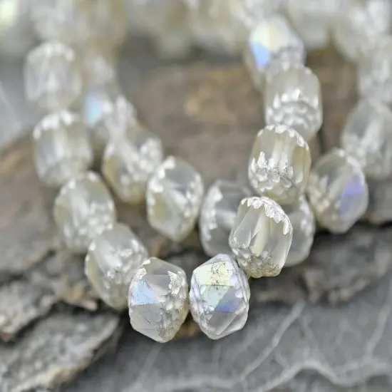 Antique Silver Washed Matte Crystal Ecru AB Fire Polished Cathedral Beads {4}