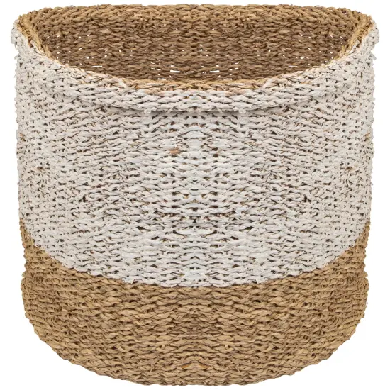Northlight Round Wicker Table and Floor Baskets - Beige and White - Set of 3 {5}