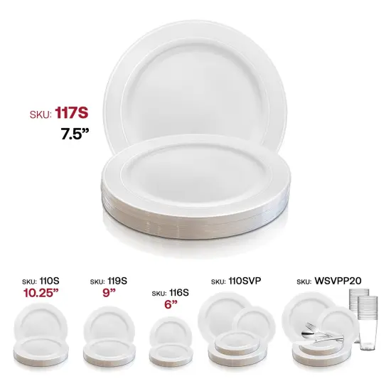 White with Silver Edge Rim Plastic Appetizer/Salad Plates - 7.5" (120 Plates) {6}