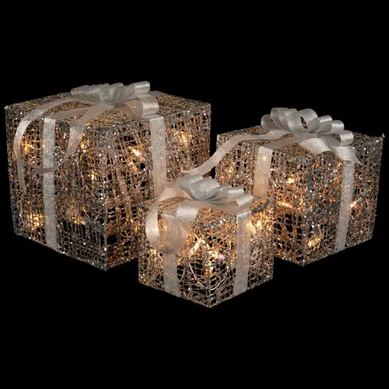 Northlight Lighted Glitter Threaded Gift Boxes Outdoor Christmas Decoration - Silver - Set of 3 {4}