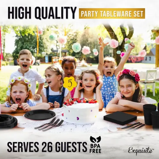 Exquisite 182 Pcs Plastic Plates for Party &ndash; Disposable Plates Set &ndash; 26 Each of 9" Dinner Plates, 7" Dessert Plates, Plastic Cups, Napkins & Plastic Cutlery &ndash; Plastic Dinnerware by Party Solids Black {6}
