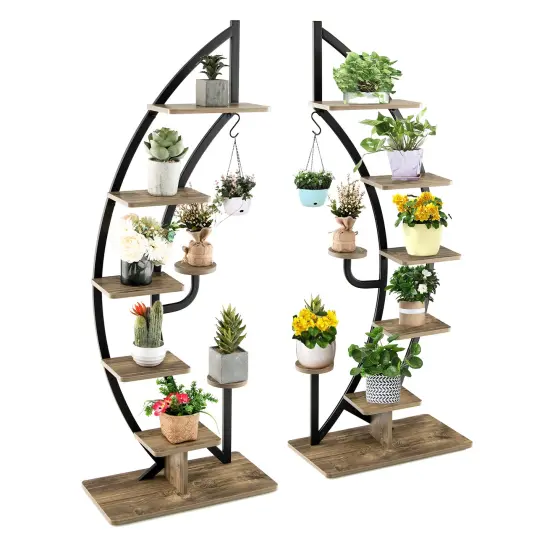 Costway 2PC 6 Tier Metal Plant Stand Rack Half Moon Shape Ladder Planter Organizer w/Hook {1}