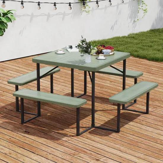 Costway Picnic Table Bench Set for 4-8 People with Umbrella Hole All-Weather HDPE Tabletop Black/Gray/Green/White {1}