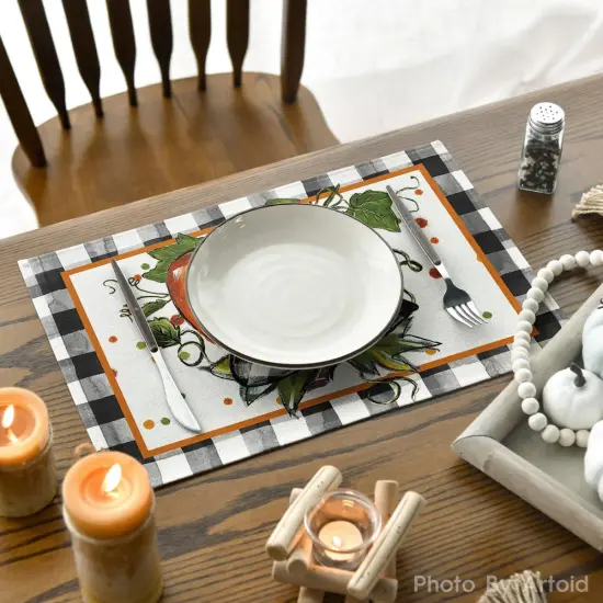 Set of 6 - Pumpkin Buffalo Plaid Fall Placemats,12x18 Inch Seasonal Autumn Table Mats {4}