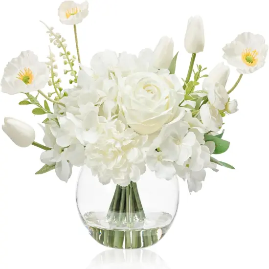 Artificial Flowers for Table Decoration Silk Hydrangea Flowers with Vase Fake Flower Arrangements in Round Bowl Vase with Faux Water for Summer Spring (White) {1}