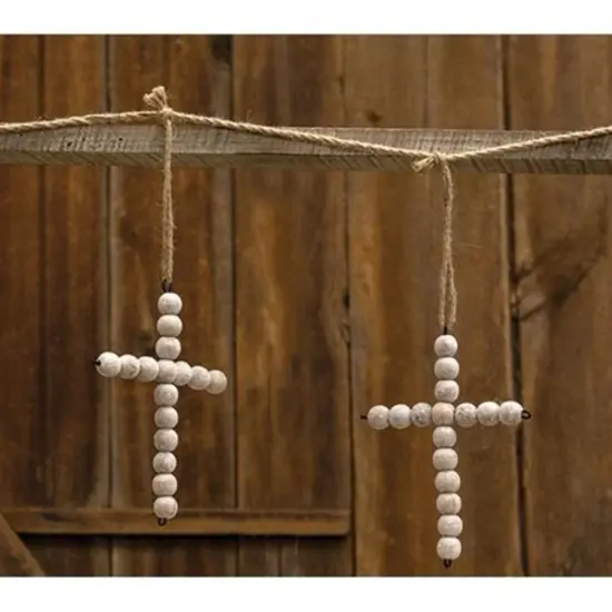 White Washed Bead Garland with Crosses for Home Decor and Mantel Display {1}