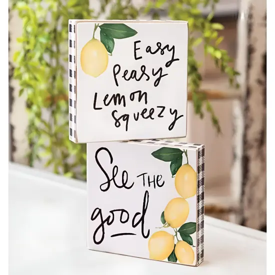 Wood Lemon Blocks with Buffalo Check Sides, Freestanding Decor 2 Asstd. {2}