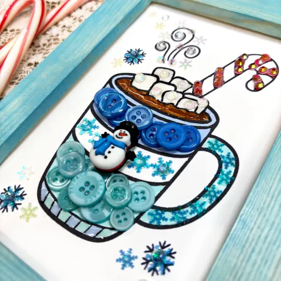 Buttons Galore & More DIY Winter Hot Cocoa Button Art Frame Kit, Wood Frame with Snowman Design, 5x7 Inches, Creative Holiday Craft for Ages 12+ {5}