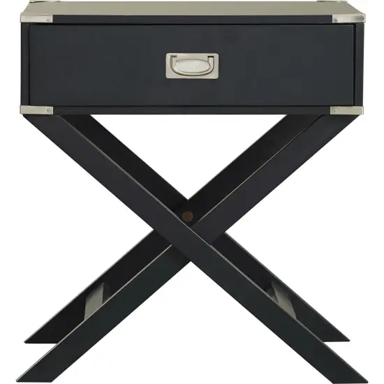 Rectangle Solid Wood End Table with Bronze Hardware Dovetailed Drawer and Cross Leg Base Black {2}