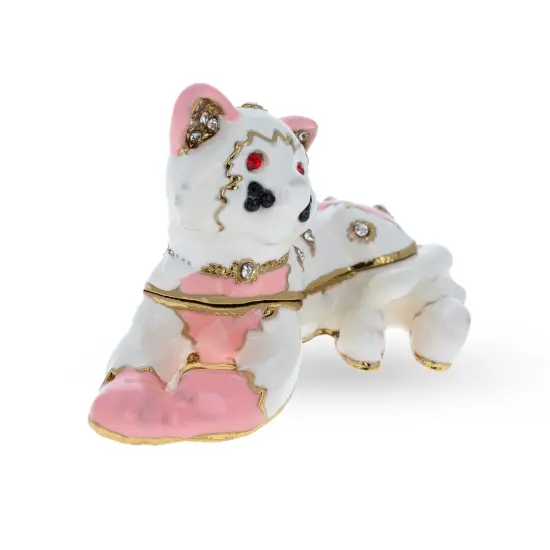 Pink and White Cat Jeweled Trinket Box Figurine {3}