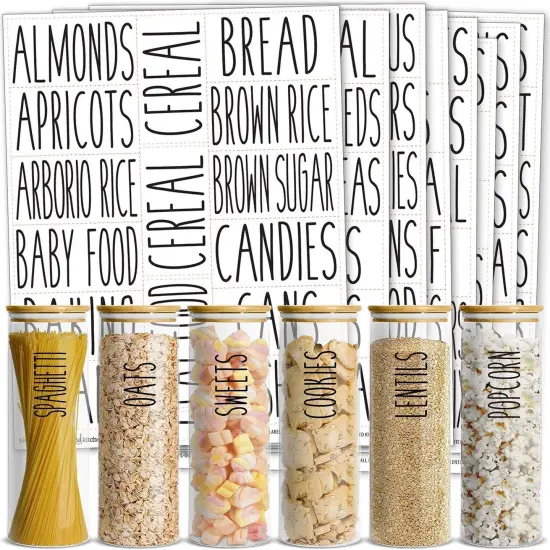 Talented Kitchen 136 Pantry Labels for Food Containers - Preprinted Black All-Caps on Clear Kitchen Food Labels for Organizing Storage Canisters & Jars (Water Resistant) {1}