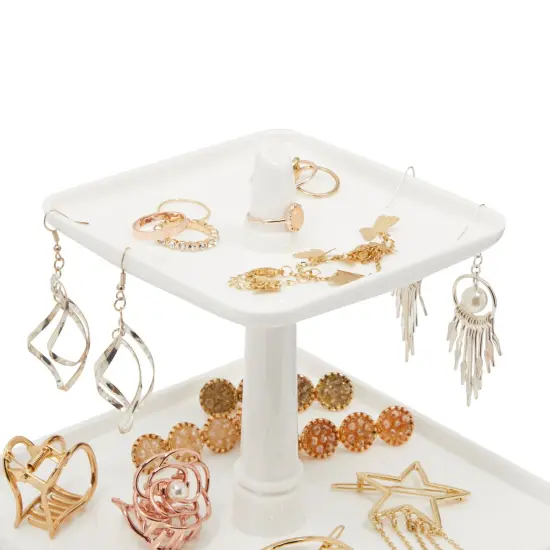 Marble Jewelry Display Tray and Makeup Organizer with Drawer for Vanity (7.3 x 7.7 x 13 in) White {7}