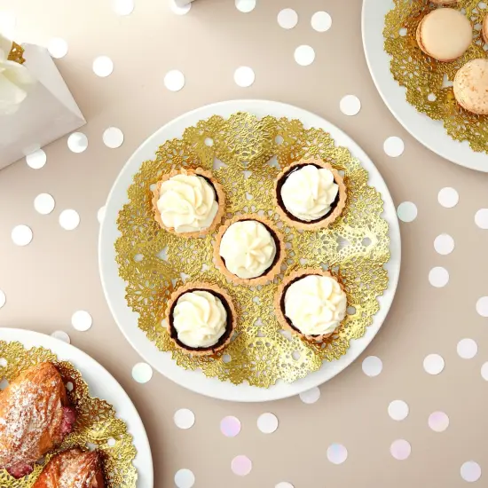 60 Pack 10 Inch Gold Paper Doilies for Dining Table, Round Decorative Medallion Lace Placemats for Wedding {2}