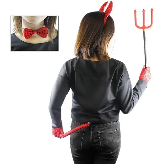 BLUE PANDA 5 Piece Devil Halloween Costume for Girls Ages 6-14 with Red Horned Headband, Bow Tie, Tail, Pitchfork, and Gloves, Complete Girls Devil Costume Set for Halloween Parties and Dress-Up {2}