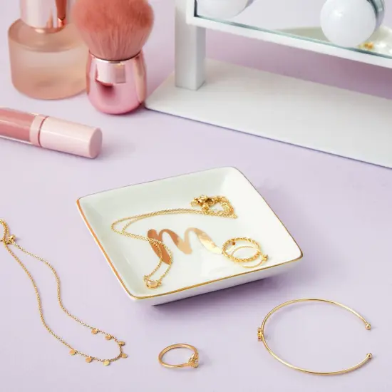 Monogrammed Letter M Ring Tray for Gifts, Personalized Jewelry Dish for Earrings, Necklaces, Bracelets (4x4 in) White {4}