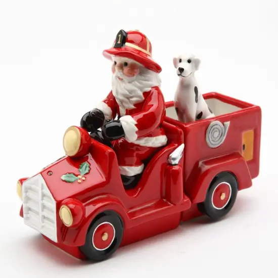 Ceramic Santa On A Firetruck Salt and Pepper Shakers with Box (Set Of 3), Home D&eacute;cor, Gift for Firefighter, Christmas D&eacute;cor {3}