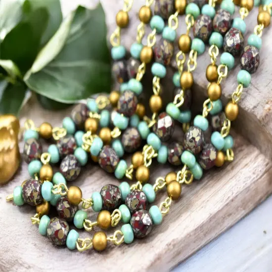 Czech Glass Southwest Blend Turquoise Tri Cut Beaded Chain with Gold Links -- Sold by the foot {4}