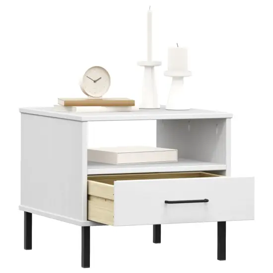 vidaXL Bedside Table with Metal Legs White Solid Wood Pine OSLO {3}