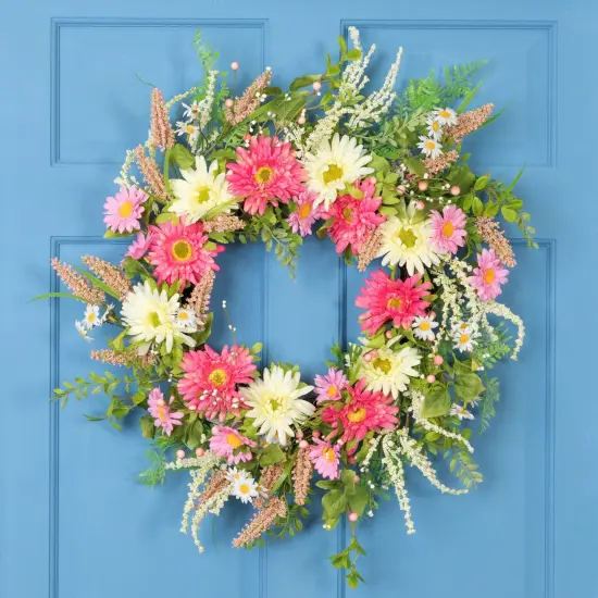 Northlight Gerbera Daisy and Statice Floral Spring Wreath - 23" - Pink/White {1}