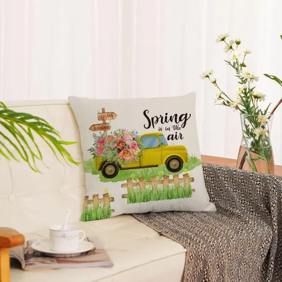 Hello Spring Pillow Covers 18x18 Set of 4 Floral Throw Pillow Covers Spring Summer Decorative Cushion Covers Truck Biycle Flower Pillow Cases for Home Sofa Couch Outdoor Decor (18 by 18) {4}