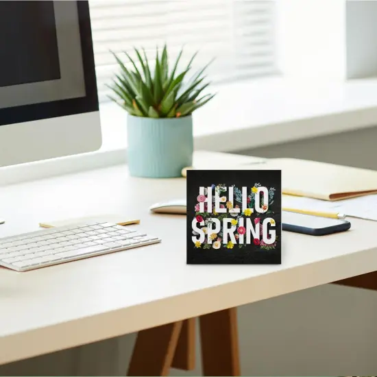 Spring Decor, Rustic Hello Spring Wood Sign Floral Art Decorations Tabletop Shelf Desk Home Decor, 5 X 5 Inches {4}