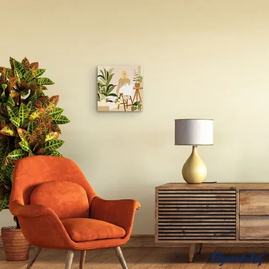 Figured'Art Mini Paint by Numbers Kit for Adults with Frame Woman in the room with plants Small format 8"x8" - Craft Art Painting DIY Canvas Already Stretched on a Wooden Frame {2}