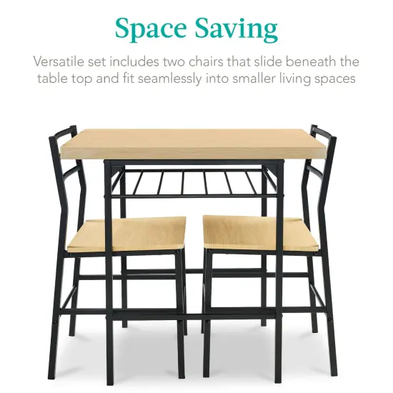 Best Choice Products 3-Piece Modern Dining Set, Square Table & Chairs Set w/ Steel Frame, Built-In Storage Rack Natural/Black {3}