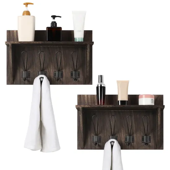 2PCS Wall-Mounted Coat Racks With Hooks Storage Display Shelf Entrance Brown {1}