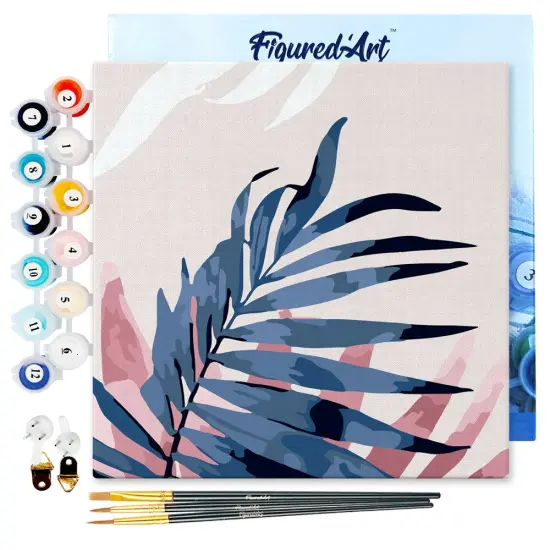 Figured'Art Mini Paint by Numbers Kit for Adults with Frame Abstact Palm Leaves Small format 8"x8" - Craft Art Painting DIY Canvas Already Stretched on a Wooden Frame {1}