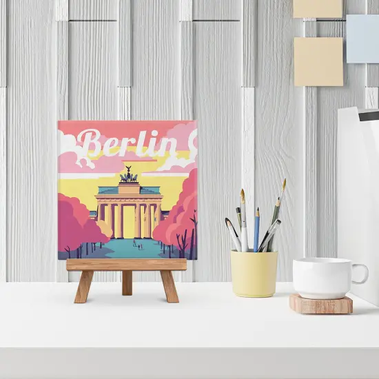 Figured'Art Mini Paint by Numbers Kit for Adults with Frame Travel Poster Berlin Small format 8"x8" - Craft Art Painting DIY Canvas Already Stretched on a Wooden Frame {2}